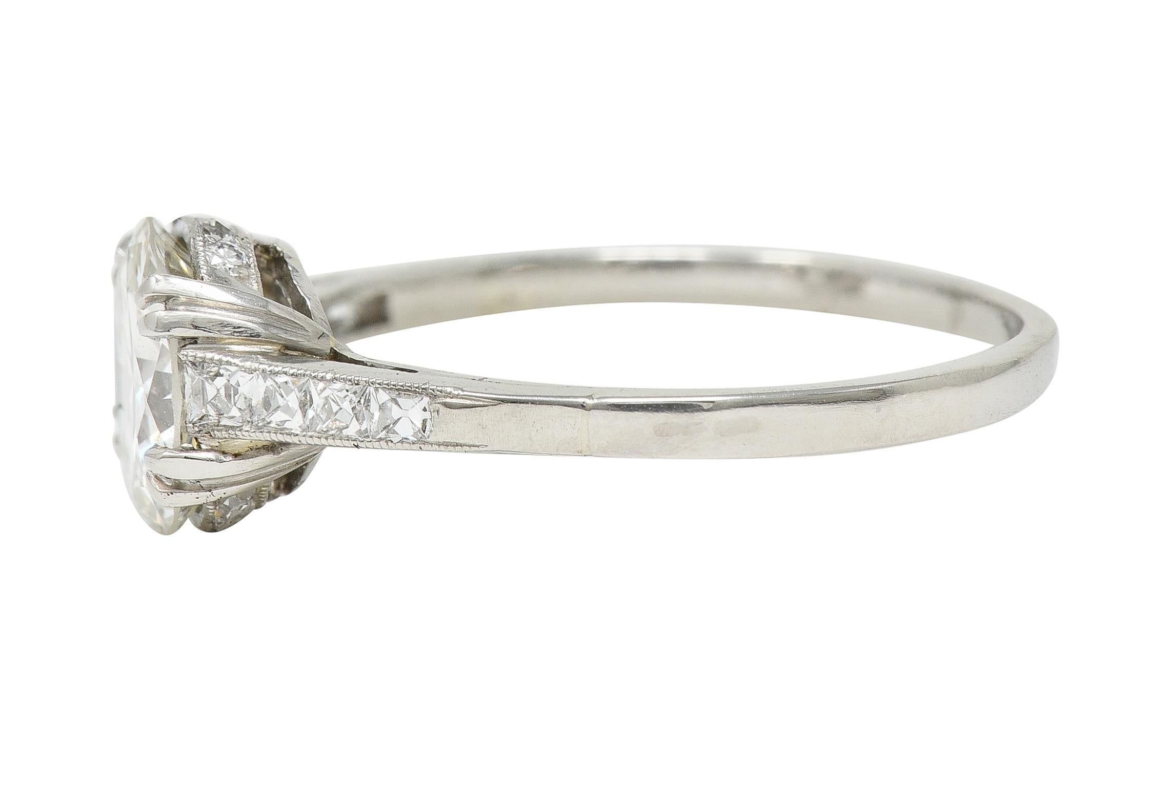 Women's or Men's Art Deco 1.68 CTW Old European Diamond 18 Karat White Gold Engagement Ring For Sale