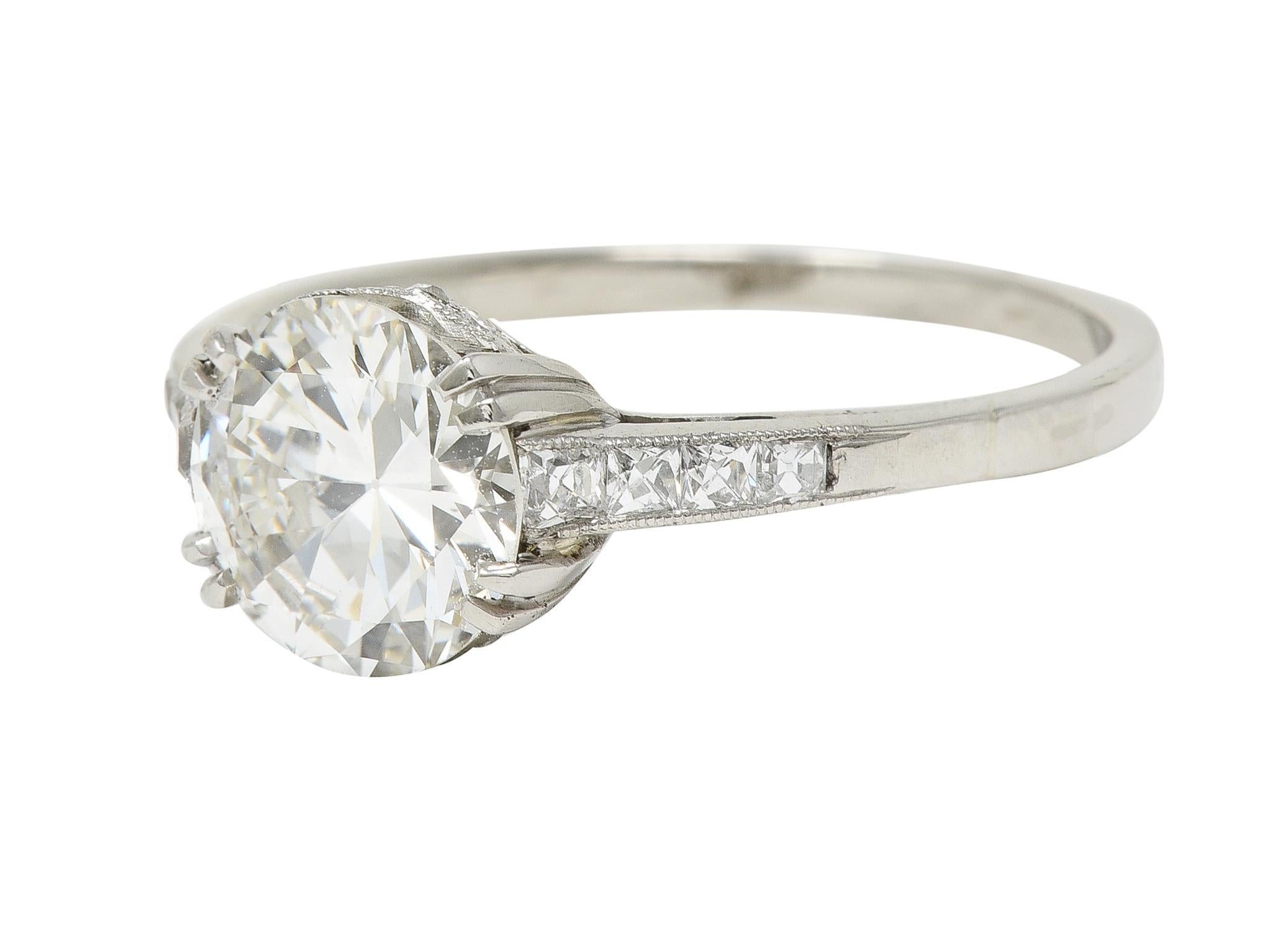 Art Deco 1.68 CTW Old European Diamond 18 Karat White Gold Engagement Ring For Sale 1