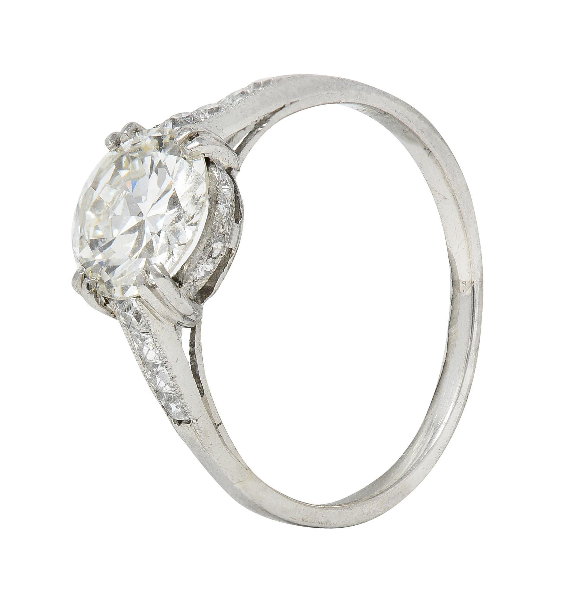 Art Deco 1.68 CTW Old European Diamond 18 Karat White Gold Engagement Ring For Sale 2