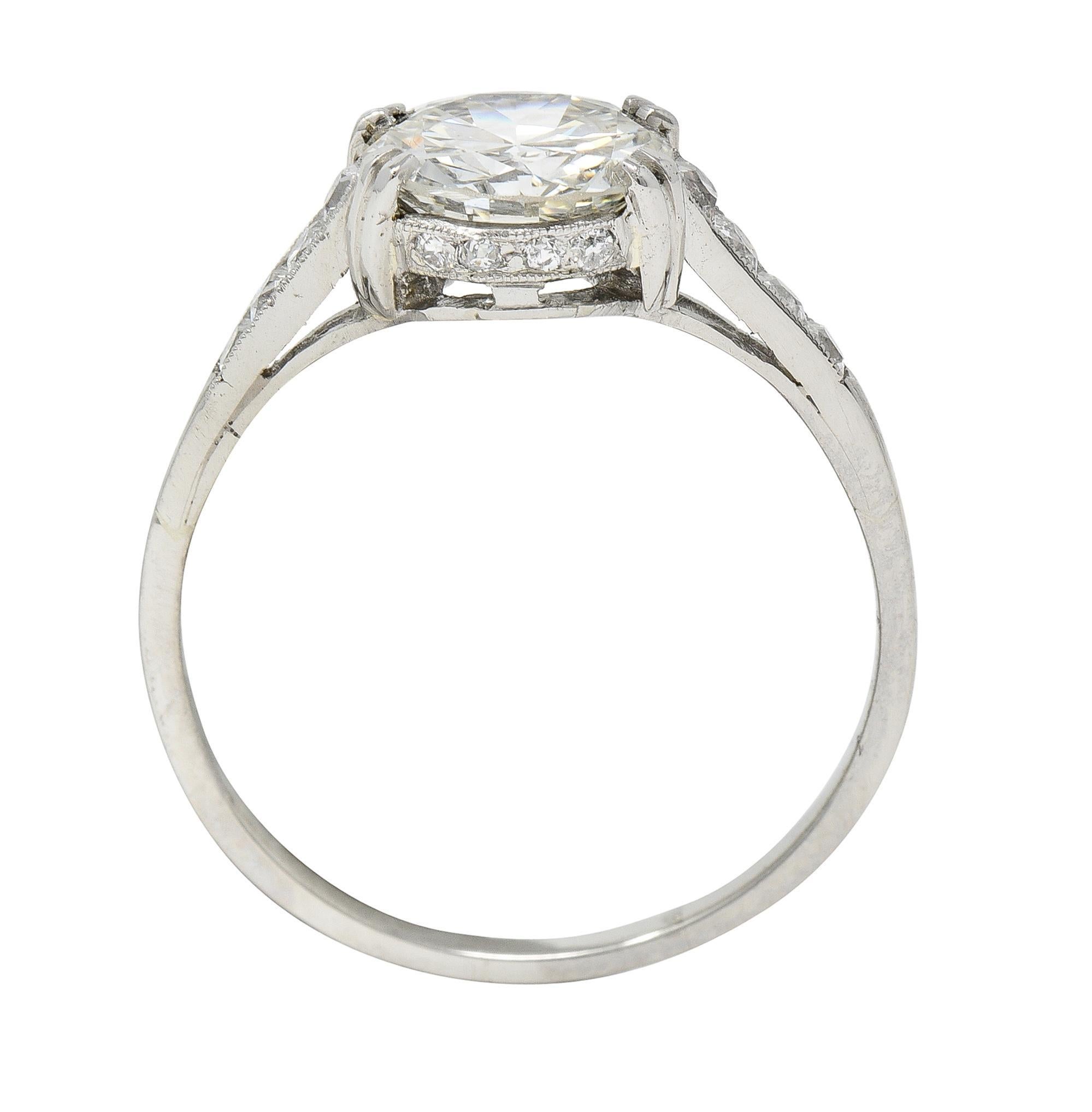 Art Deco 1.68 CTW Old European Diamond 18 Karat White Gold Engagement Ring For Sale 4