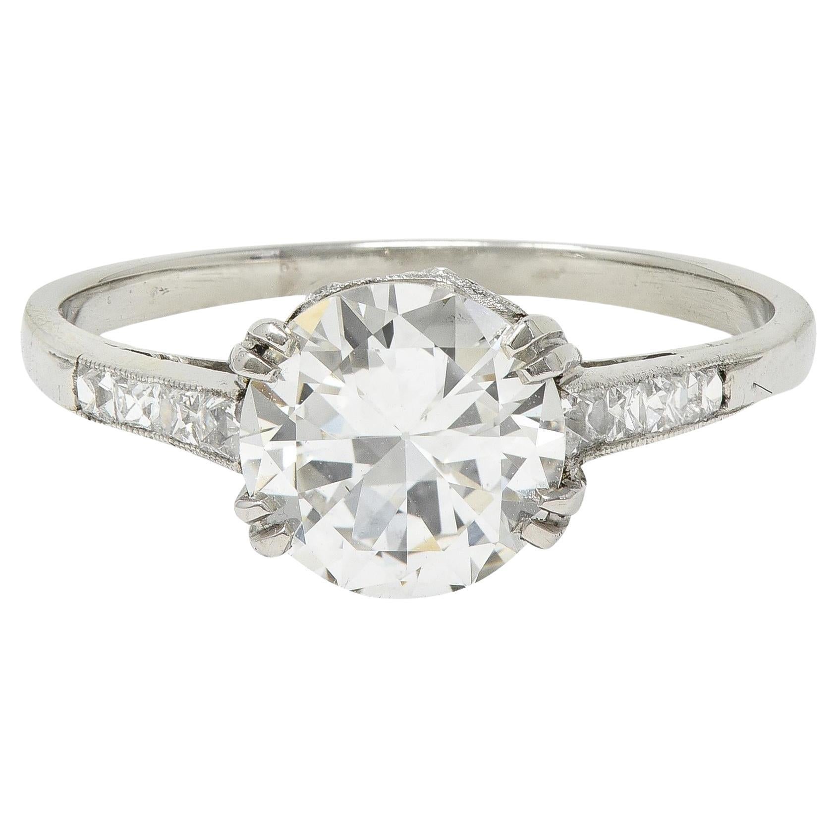 Art Deco 1.68 CTW Old European Diamond 18 Karat White Gold Engagement Ring For Sale