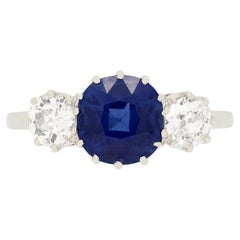 Antique Art Deco 1.68 Carat Sapphire and Diamond Three Stone Ring, circa 1920s