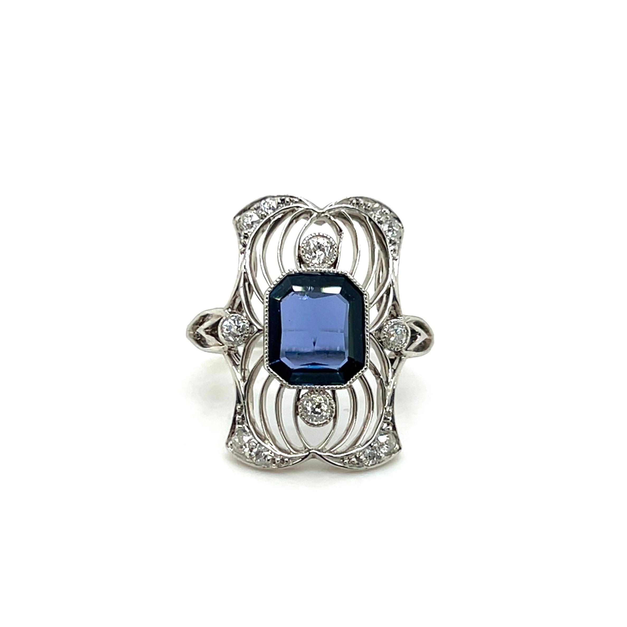 Art Deco 1,69 Karat Blauer Saphir Diamant Platin Filigraner Cocktail Ring (Art déco) im Angebot