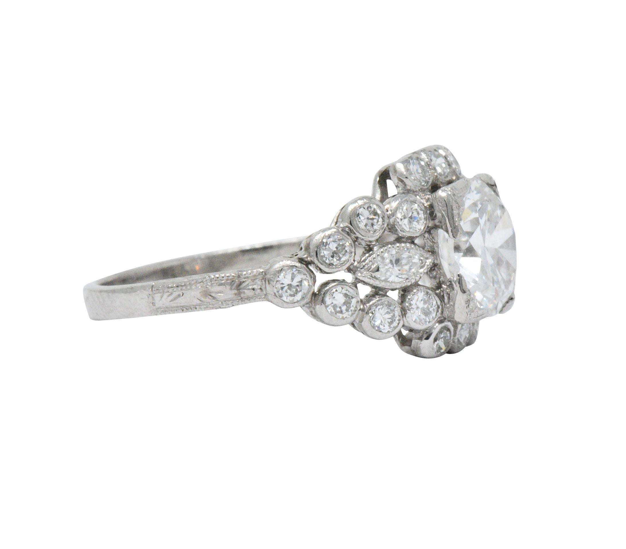 Brilliant Cut Art Deco 1.69 Carat Diamond Platinum Cluster Engagement Ring GIA