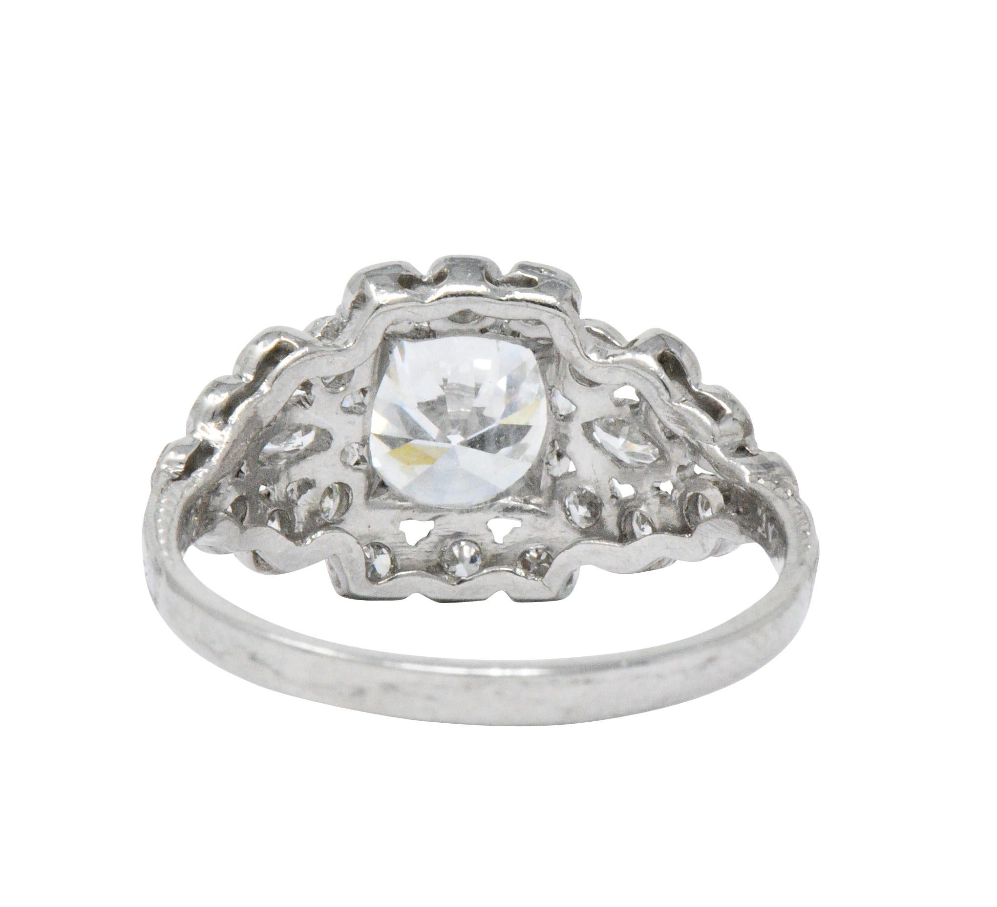 Art Deco 1.69 Carat Diamond Platinum Cluster Engagement Ring GIA In Excellent Condition In Philadelphia, PA