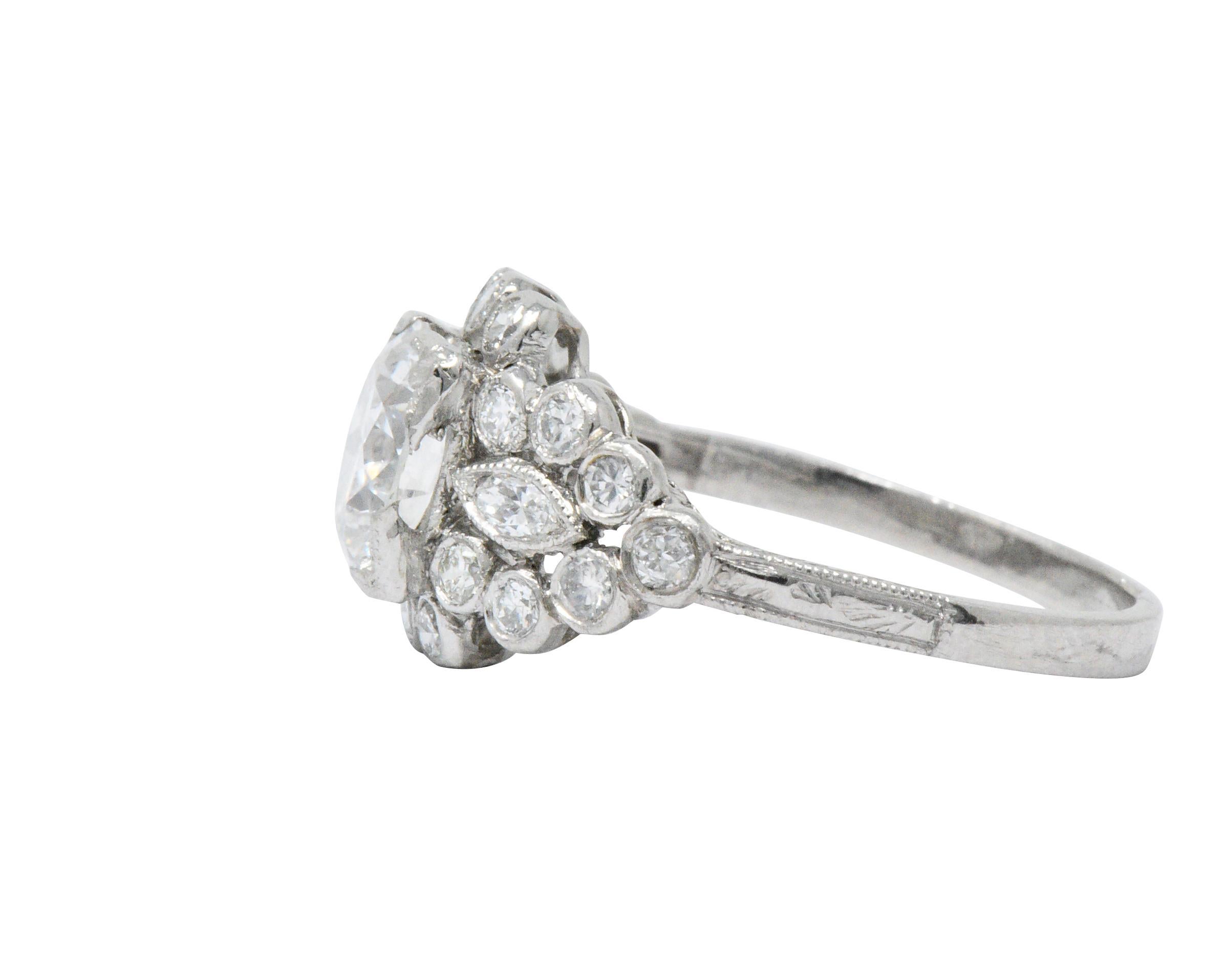 Women's or Men's Art Deco 1.69 Carat Diamond Platinum Cluster Engagement Ring GIA