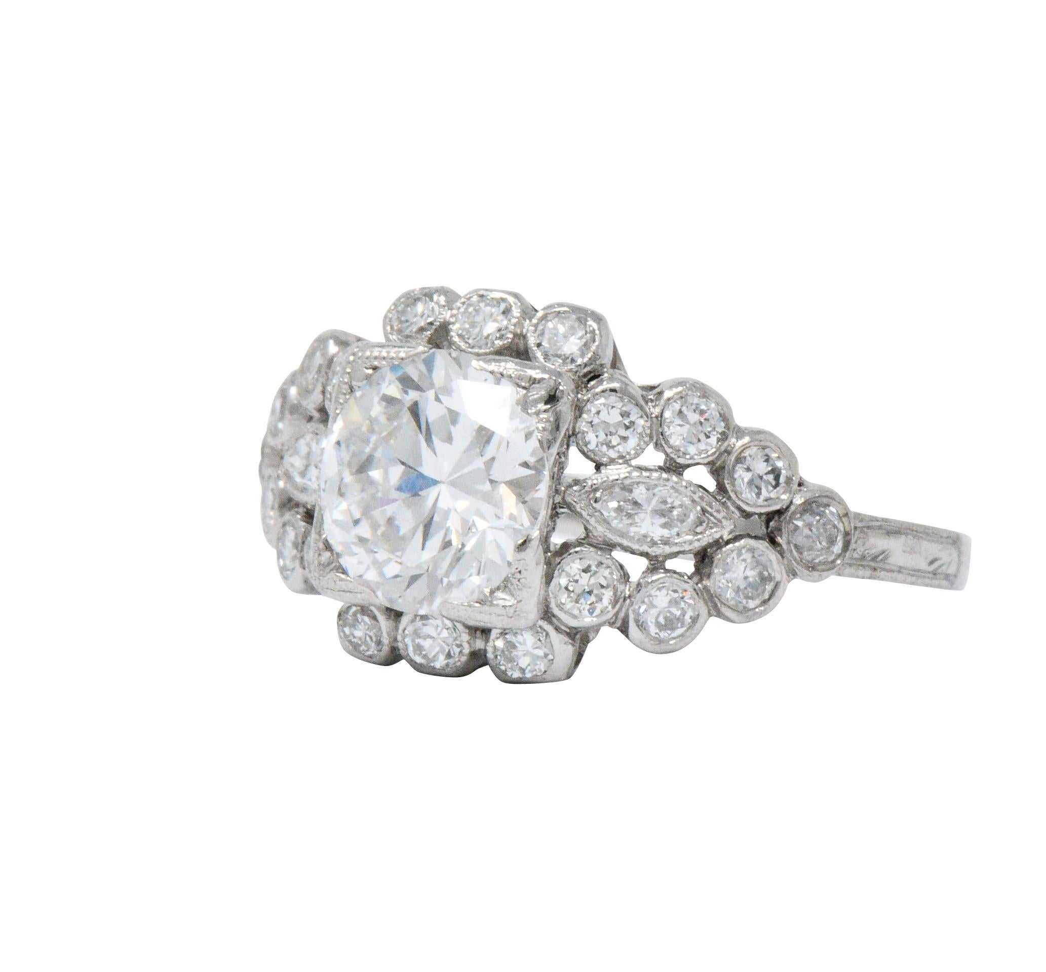 Art Deco 1.69 Carat Diamond Platinum Cluster Engagement Ring GIA 1