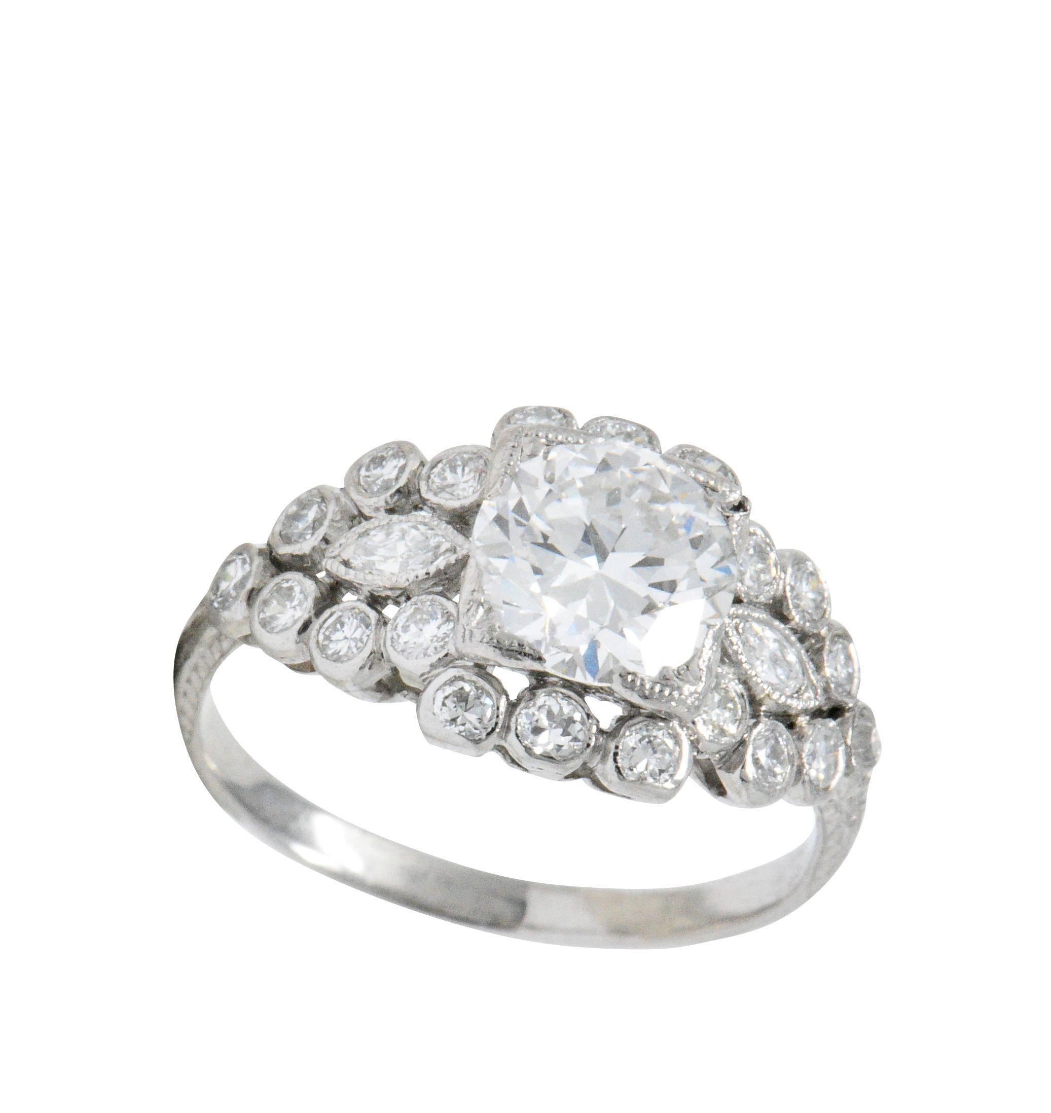 Art Deco 1.69 Carat Diamond Platinum Cluster Engagement Ring GIA 2