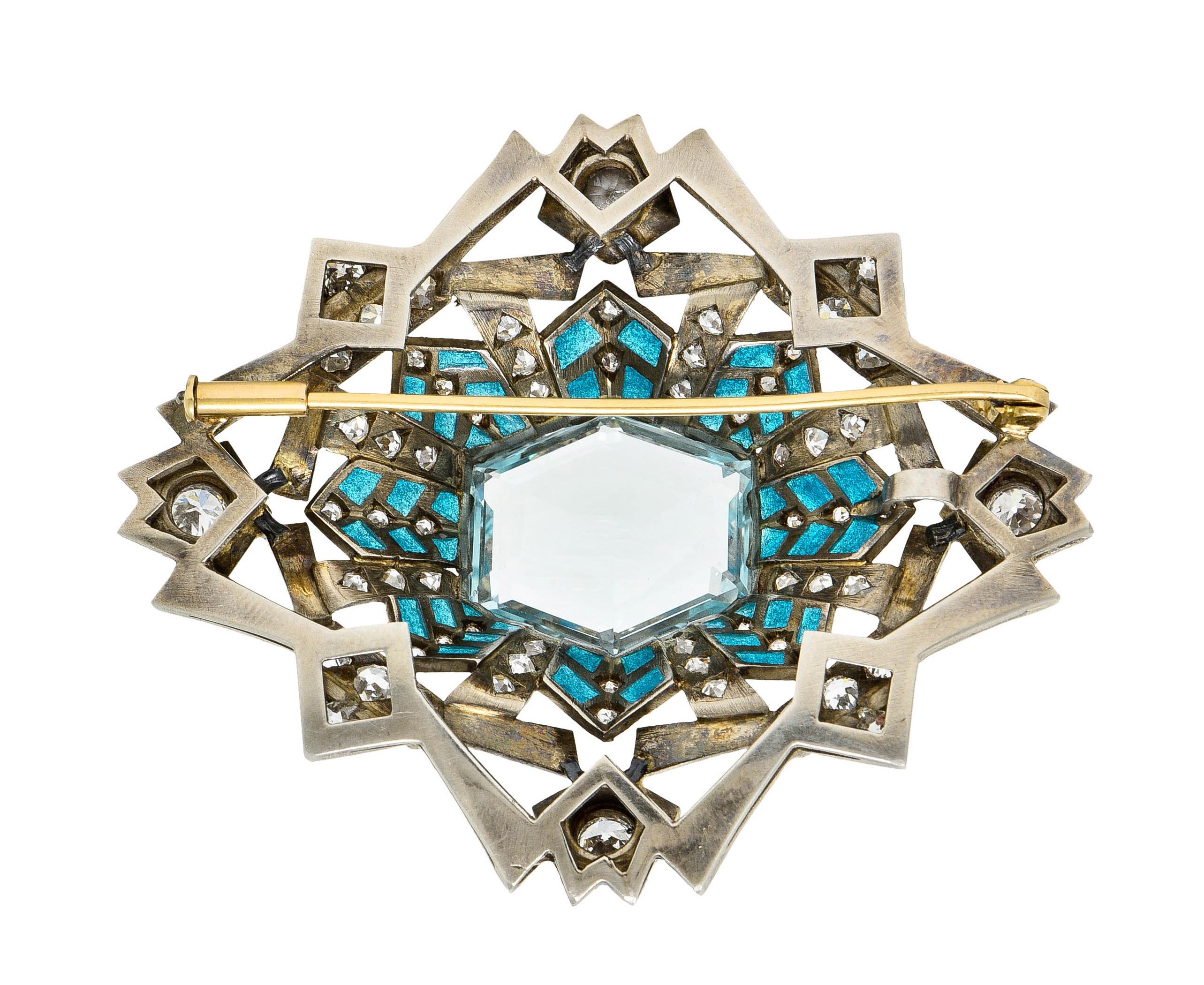 Old European Cut Art Deco 16.90 Carat Aquamarine Diamond Plique-A-Jour 14 Karat White Gold Brooch For Sale