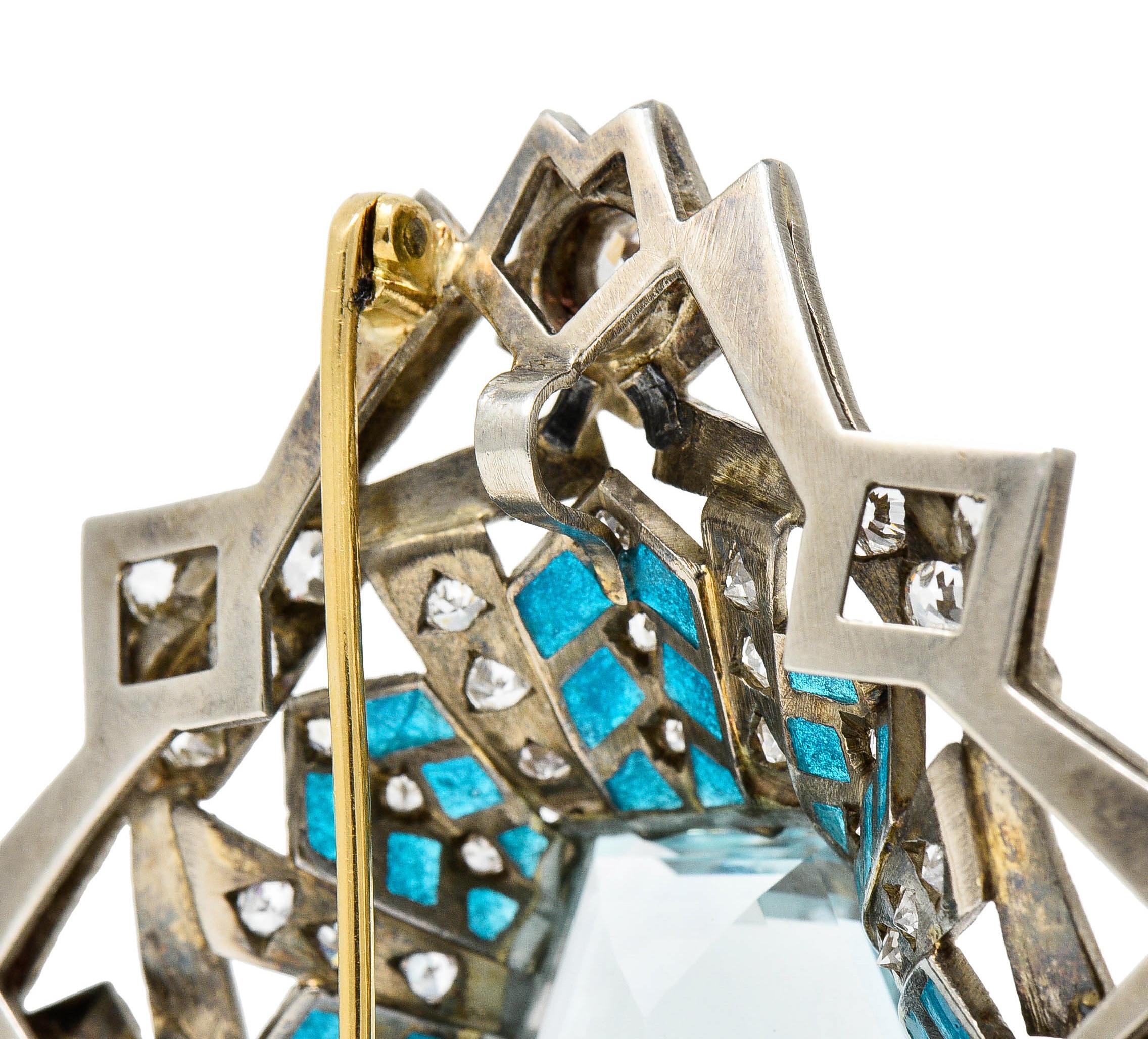 Women's or Men's Art Deco 16.90 Carat Aquamarine Diamond Plique-A-Jour 14 Karat White Gold Brooch For Sale