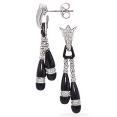 Art Deco 16k White Gold Diamond and Onyx Drop Earrings