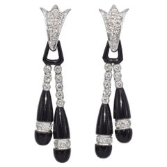 Art Deco 16k White Gold Diamond and Onyx Drop Earrings