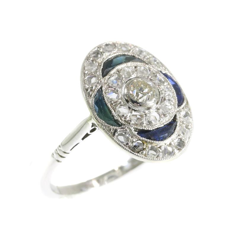 Art Deco .17 Carat Old European Diamond and Sapphire White Gold Engagement Ring For Sale 3