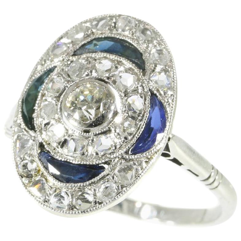 Art Deco .17 Carat Old European Diamond and Sapphire White Gold Engagement Ring For Sale