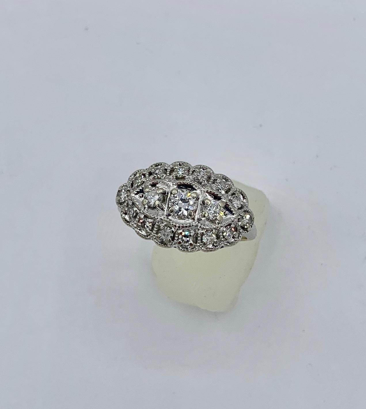 Old European Cut Art Deco 17 Diamond 14 Karat Ring White Gold Wedding Engagement Cocktail Ring