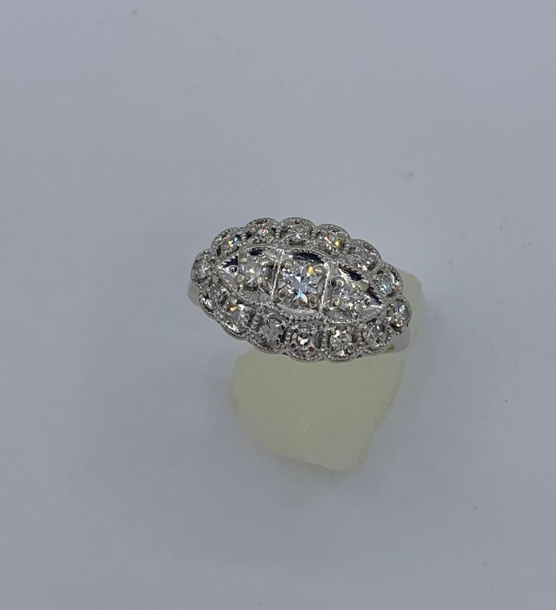 Women's Art Deco 17 Diamond 14 Karat Ring White Gold Wedding Engagement Cocktail Ring