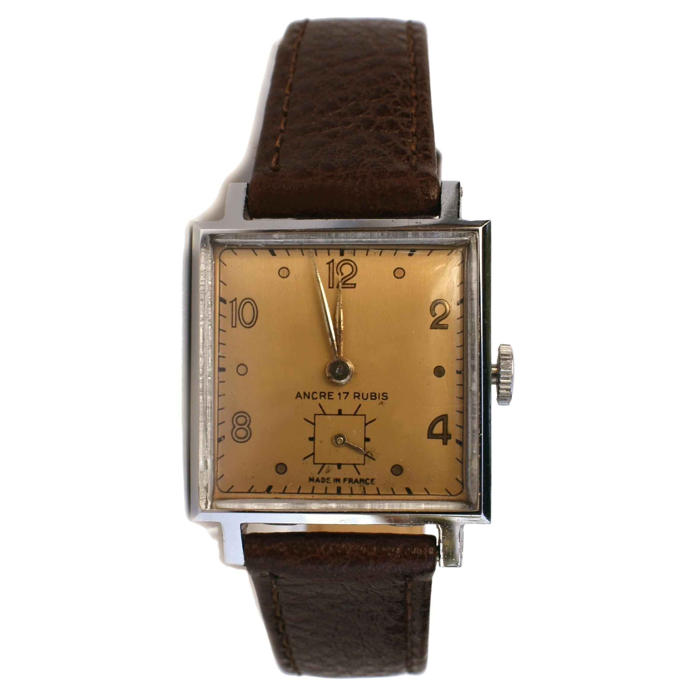 Montre-bracelet manuelle Art Déco pour homme à cadran carré 17 rubis, c1930