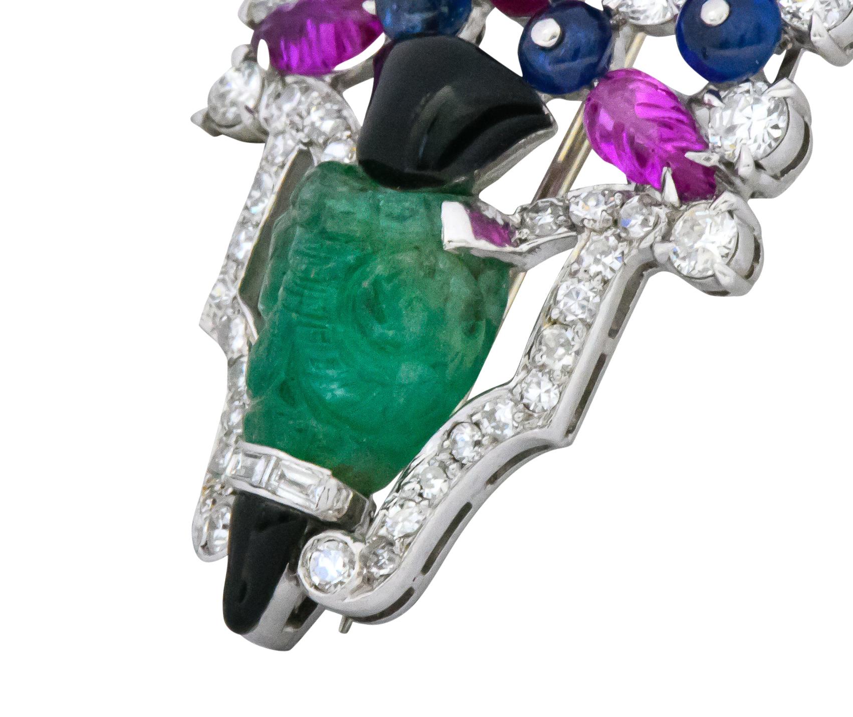 Women's or Men's Art Deco 1.70 Carat Diamond Emerald Ruby Sapphire Onyxplatinum White Gold Brooch