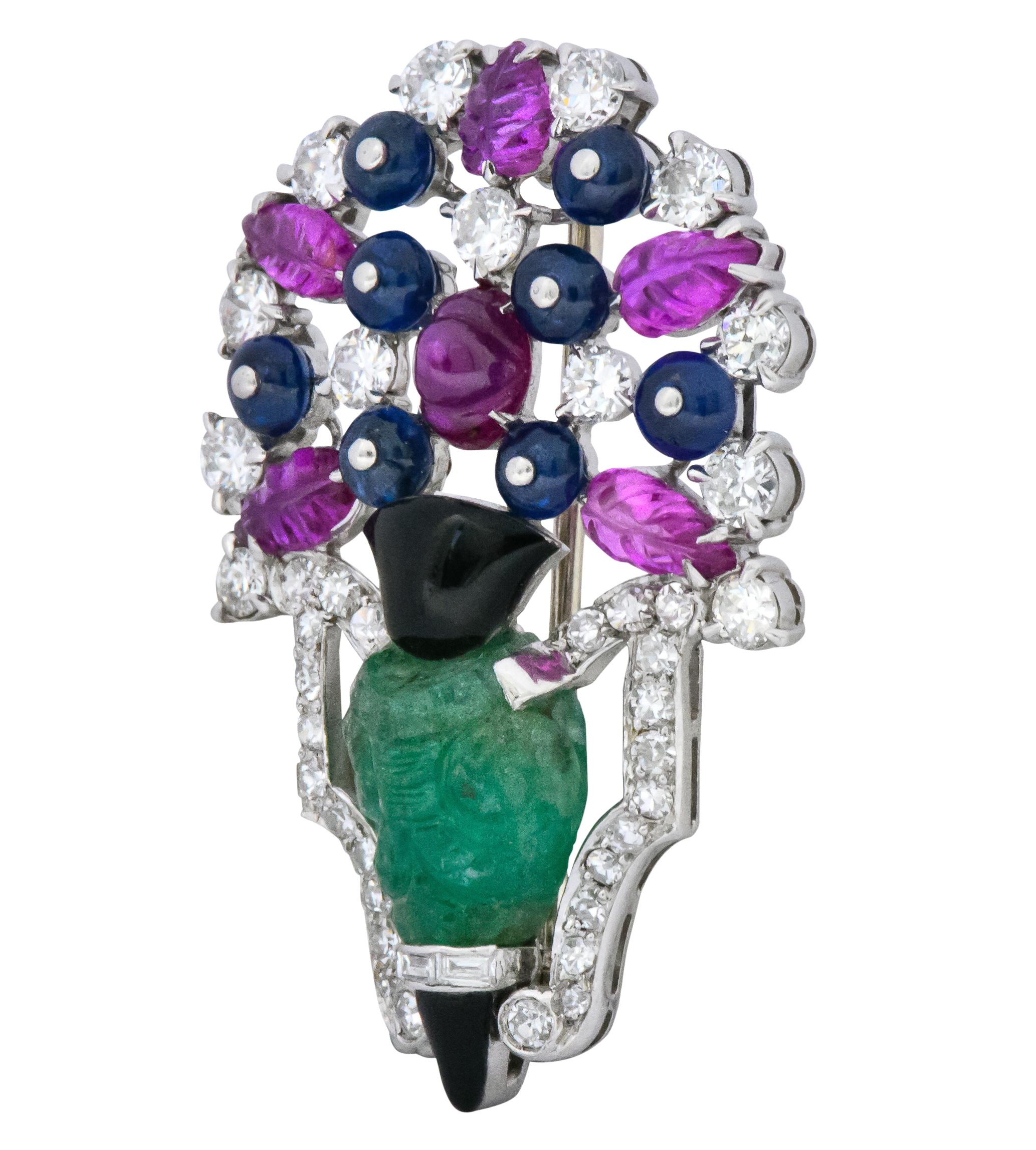 Art Deco 1.70 Carat Diamond Emerald Ruby Sapphire Onyxplatinum White Gold Brooch 1