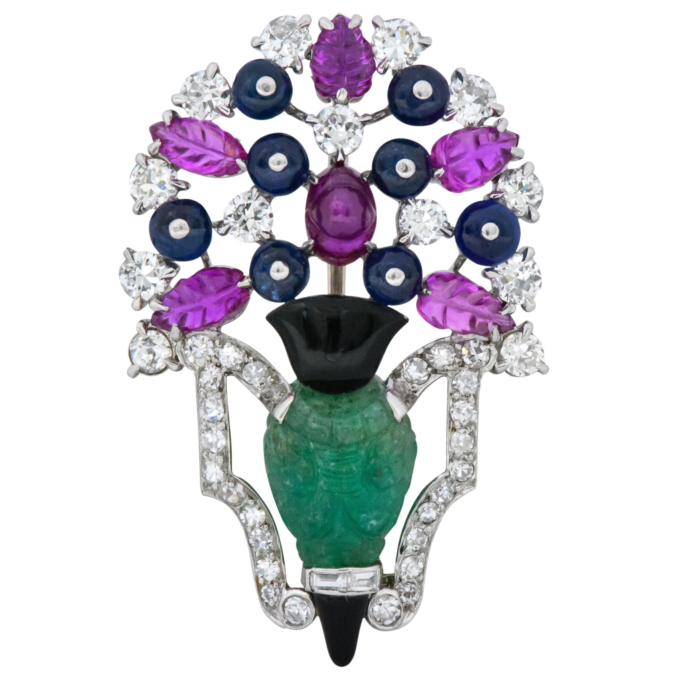 Art Deco 1.70 Carat Diamond Emerald Ruby Sapphire Onyxplatinum White Gold Brooch