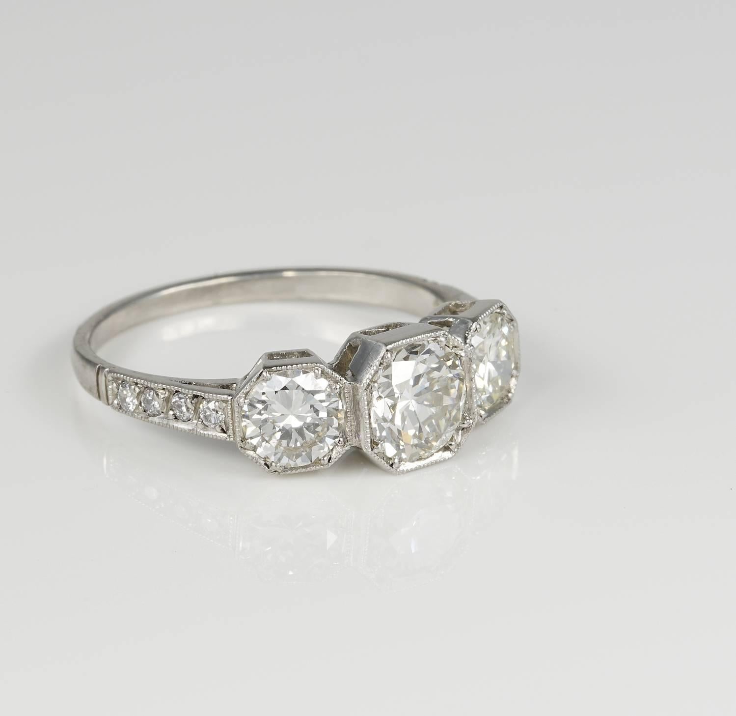 Pure Everlasting Elegance

This absolutely Stunning Art Deco Diamond trilogy ring is one of the most tasteful in design and well crafted trilogy ring you can wish for
Sleek Art Deco all superbly hand crafted of solid Platinum – not marked - however