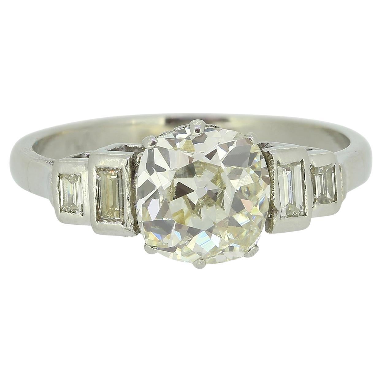 Art Deco 1.70 Carat Old Cushion Cut Diamond Ring