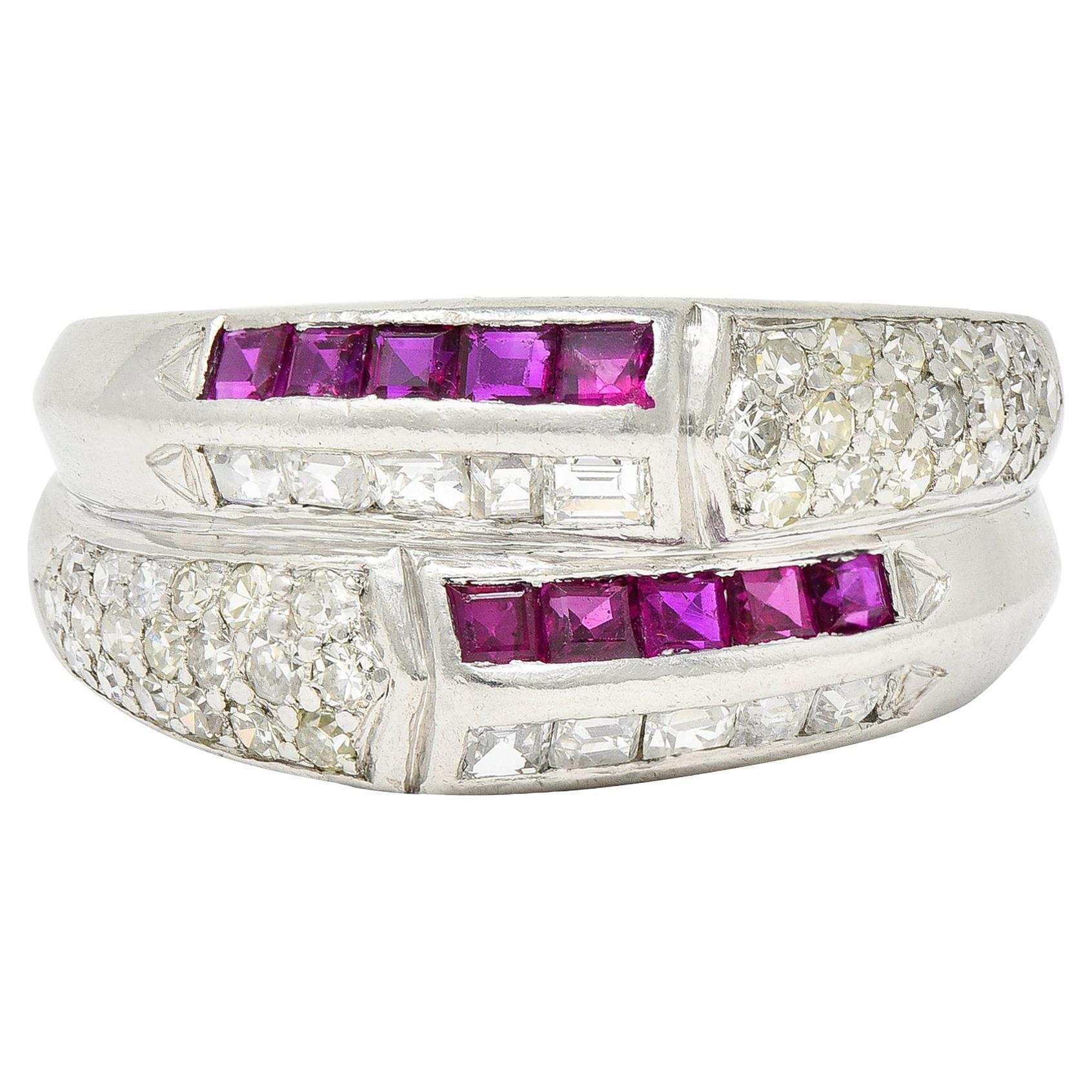 Art Deco 1.70 Carats Diamond Ruby Platinum Double Band Ring