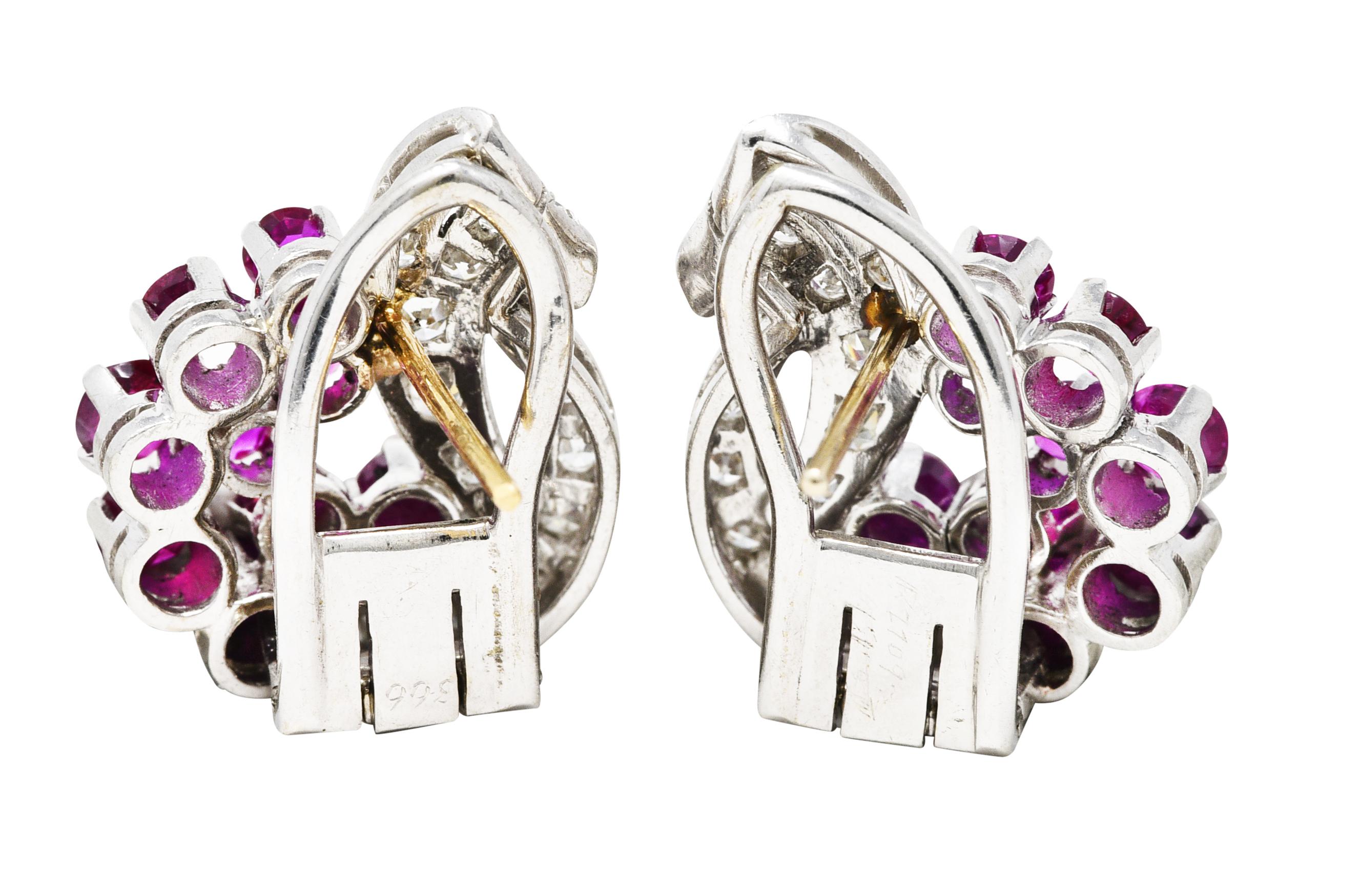 Round Cut Art Deco 1.70 Carats Diamond Ruby Platinum Ribbon Cluster Earrings
