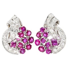 Art Deco 1.70 Carats Diamond Ruby Platinum Ribbon Cluster Earrings