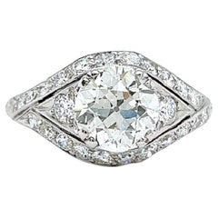 Art Deco 1.70 Carats Old European Cut Diamond Platinum Filigree Ring