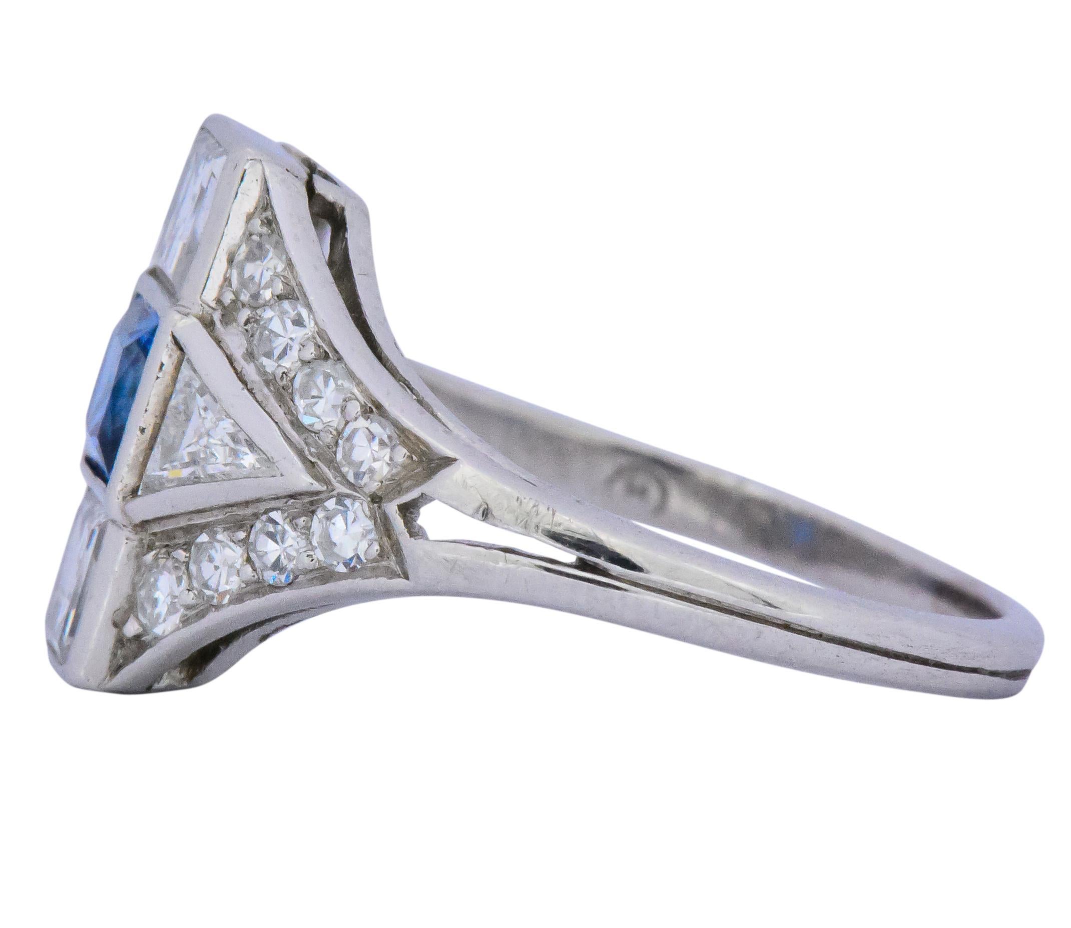 Art Deco 1.70 Carat Sapphire Diamond Platinum Ring In Excellent Condition In Philadelphia, PA