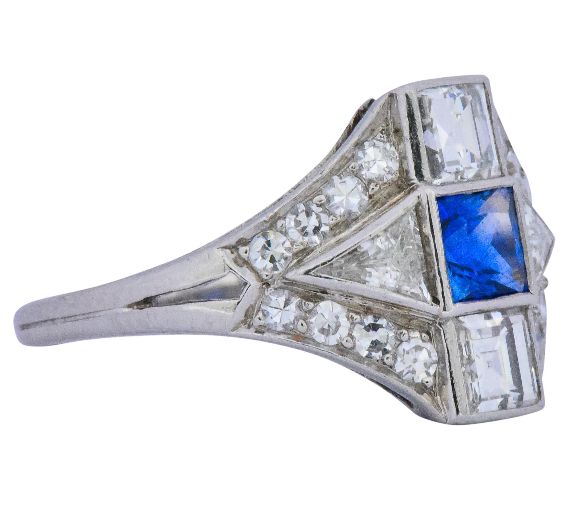 Women's or Men's Art Deco 1.70 Carat Sapphire Diamond Platinum Ring