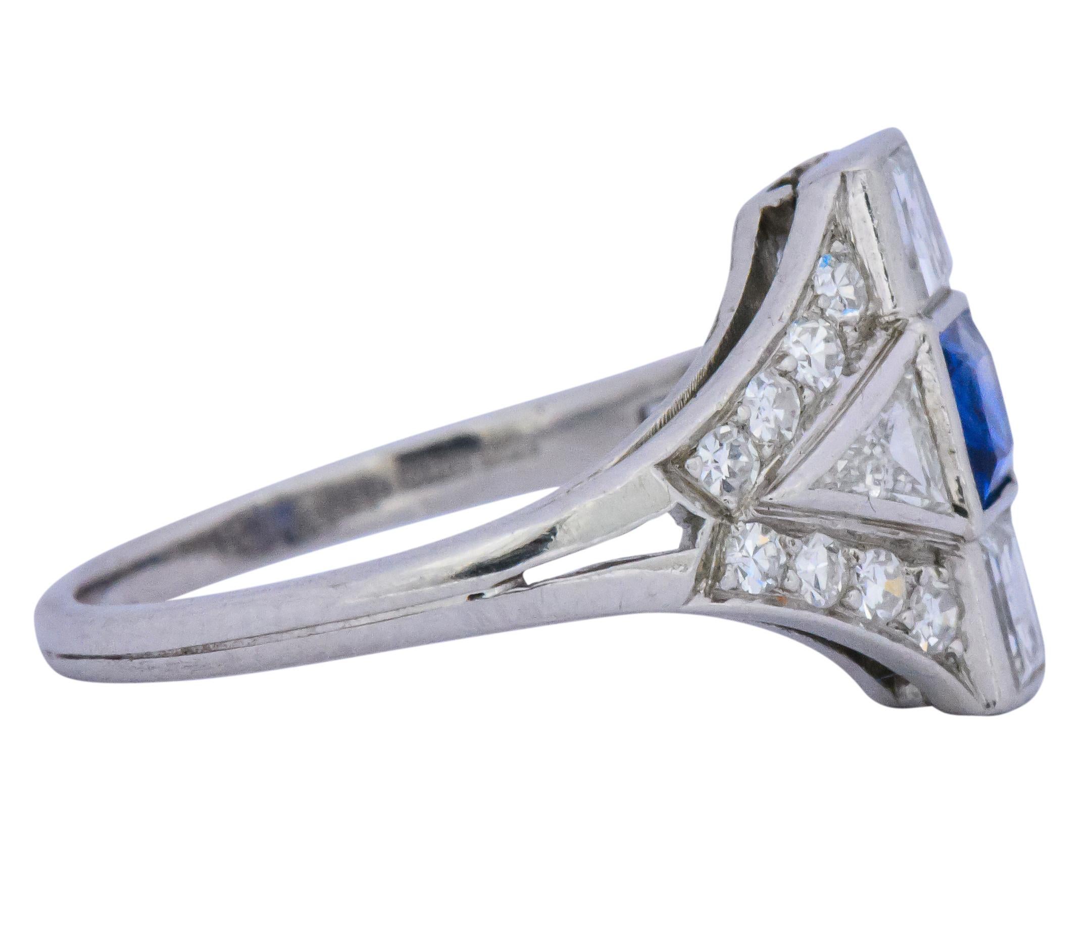 Art Deco 1.70 Carat Sapphire Diamond Platinum Ring 1