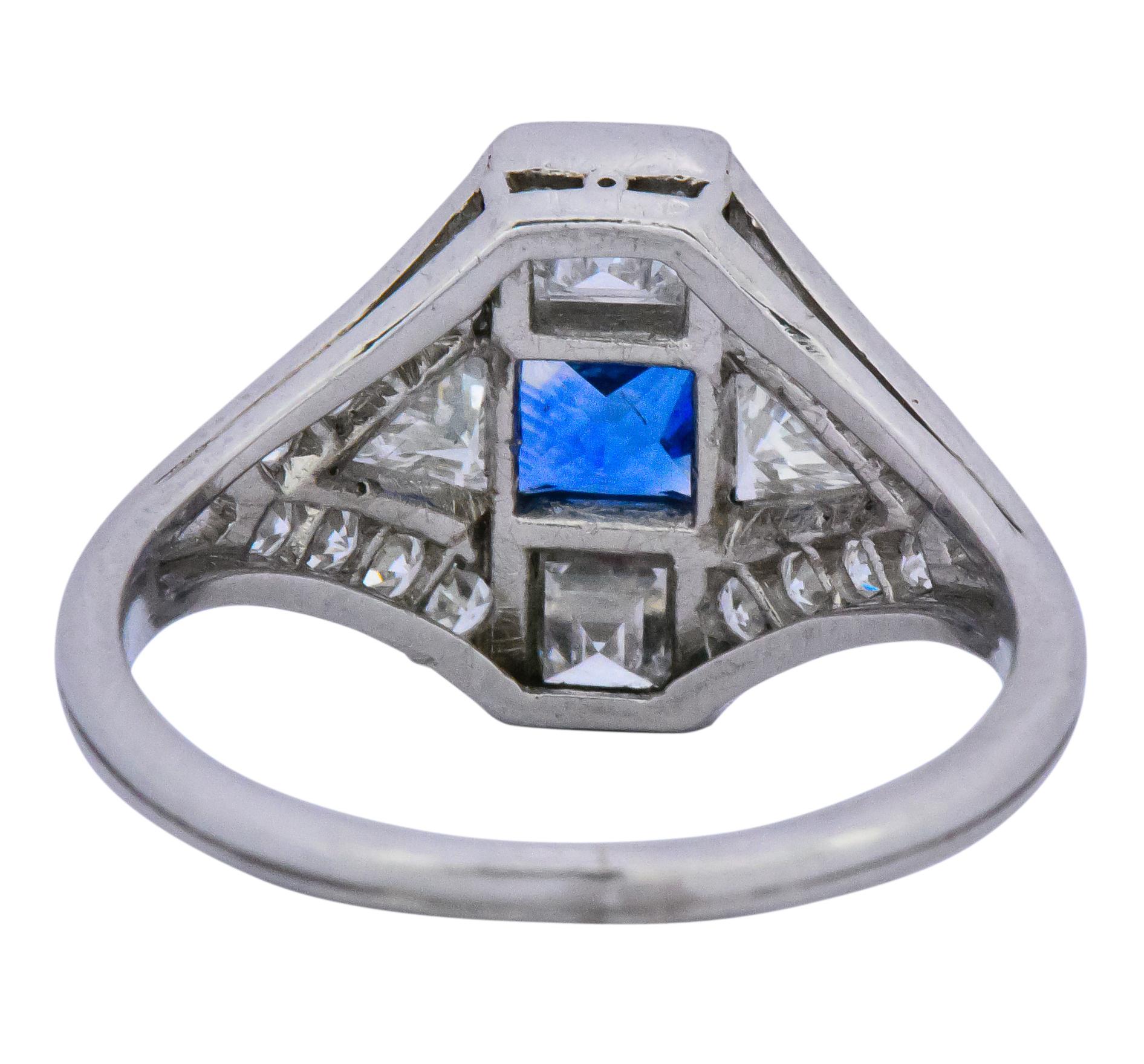 Art Deco 1.70 Carat Sapphire Diamond Platinum Ring 2