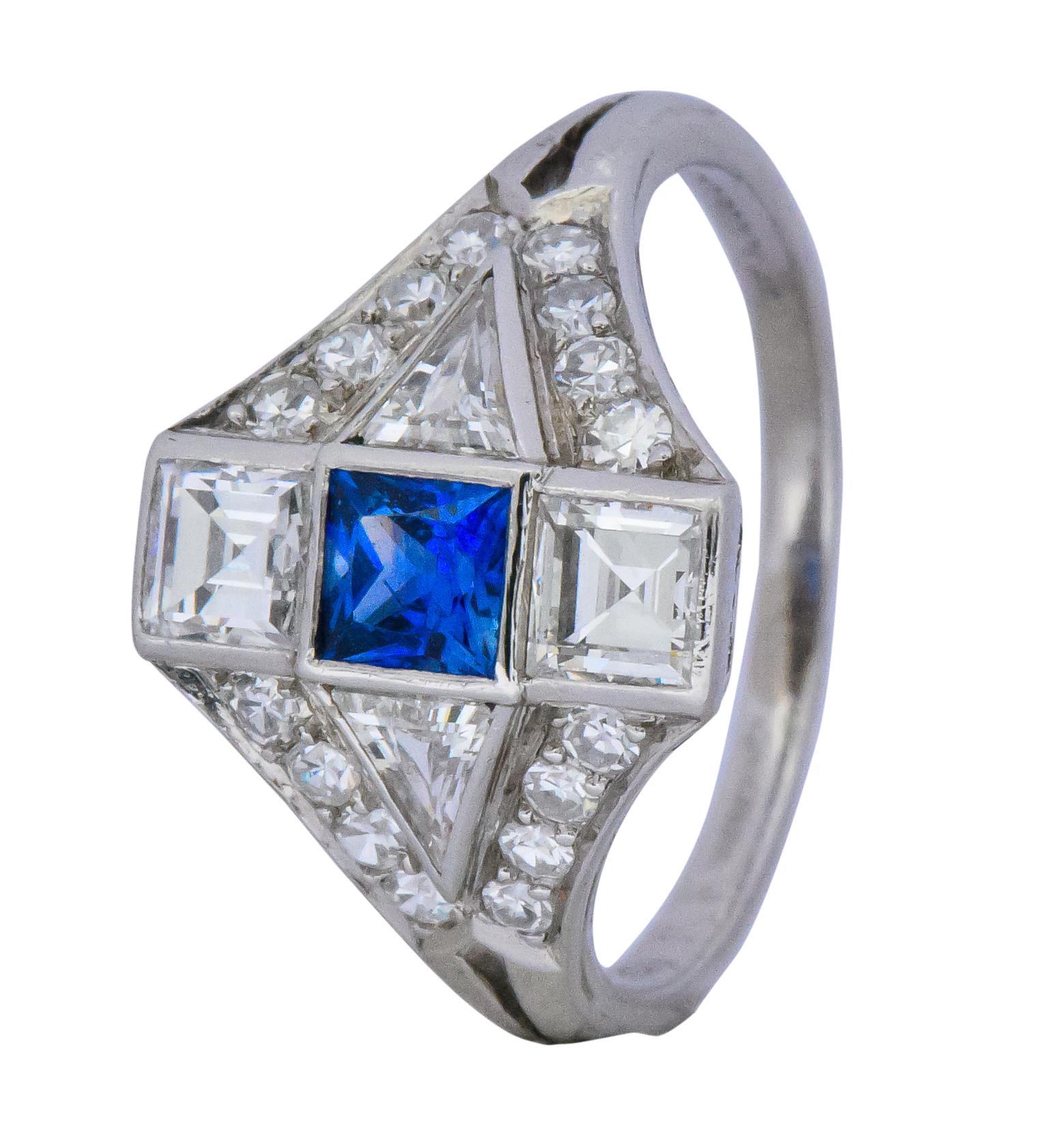 Art Deco 1.70 Carat Sapphire Diamond Platinum Ring 4