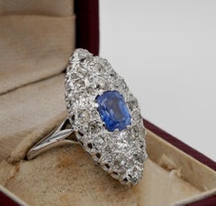 Art Deco 1.70 Ct Natural Untreated Sapphire 2.20 Ct Diamond Platinum Ring