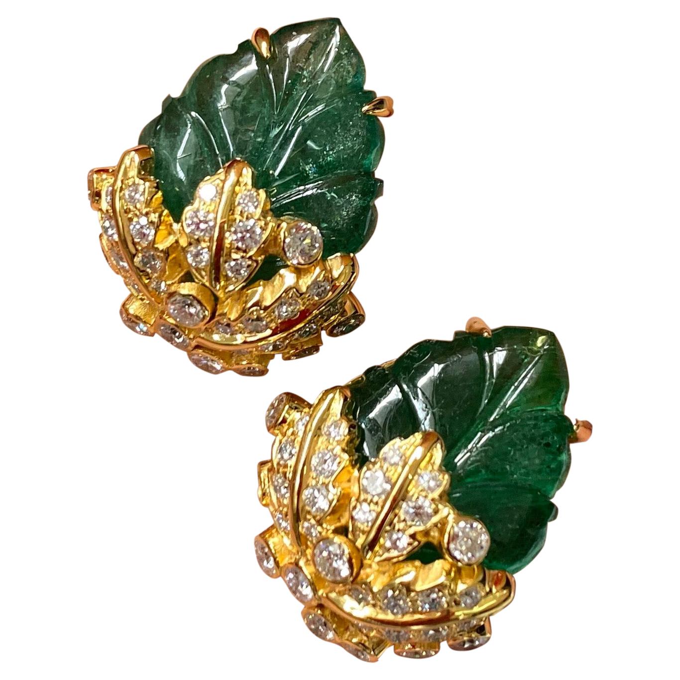 Certified Art Deco Style 17.01 Carat Carved Emerald and Diamond Studs For Sale