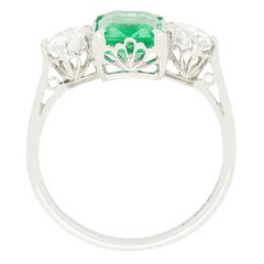 Art Deco 1.70ct Emerald and Diamond Three Stone Ring, c.1920s