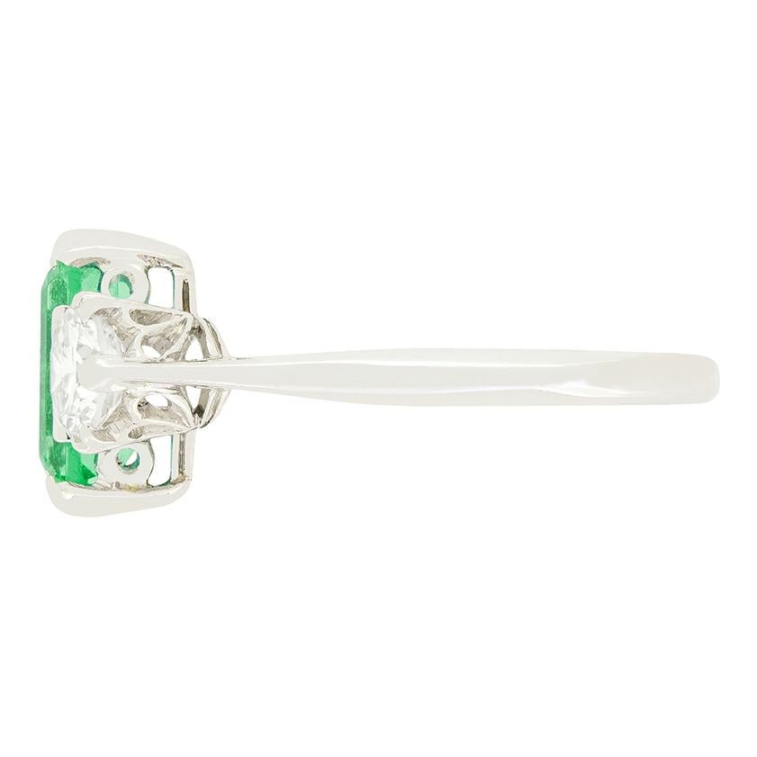 Emerald Cut Art Deco 1.70ct Emerald and Diamond Three Stone Ring, c.1920s For Sale