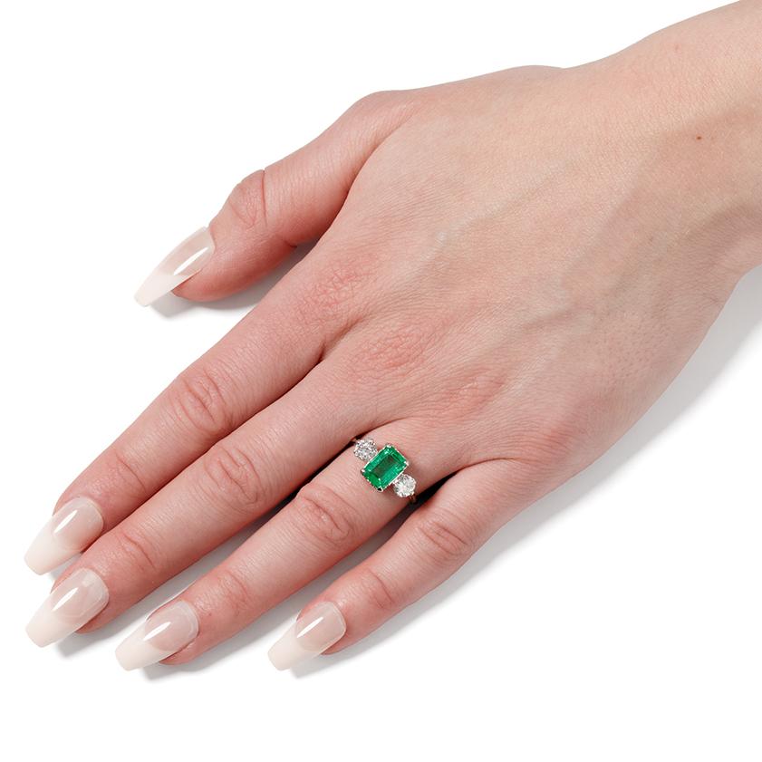 Women's Art Deco 1.70ct Emerald and Diamond Three Stone Ring, c.1920s For Sale