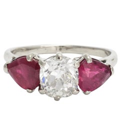 Art Deco 1.71 Carat Cushion Cut Diamond Ruby Three-Stone Ring