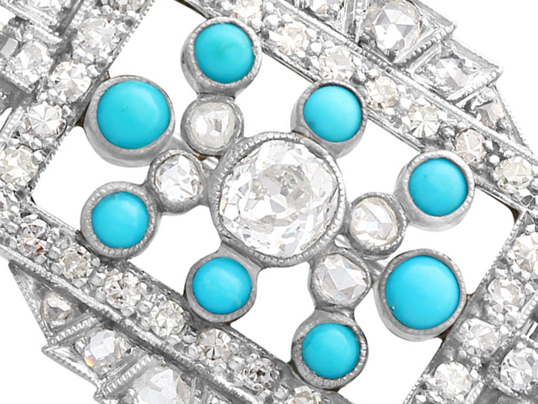 A fine and impressive vintage turquoise and 1.71 carat diamond, 18 karat white gold brooch in the Art Deco style; part of our diverse vintage jewelry and estate jewelry collections

This fine vintage turquoise brooch has been crafted in 18k white