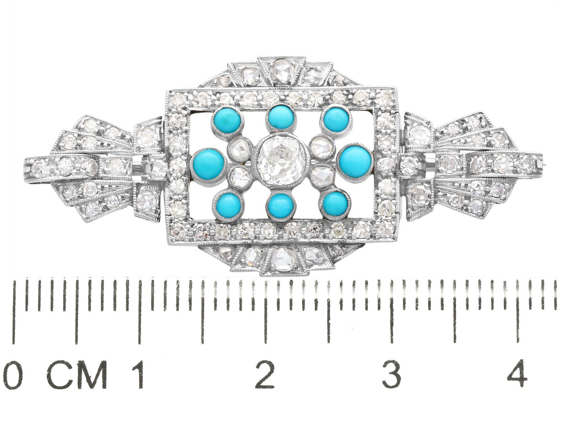 Art Deco 1.71 Carat Diamond Turquoise and White Gold Brooch 1