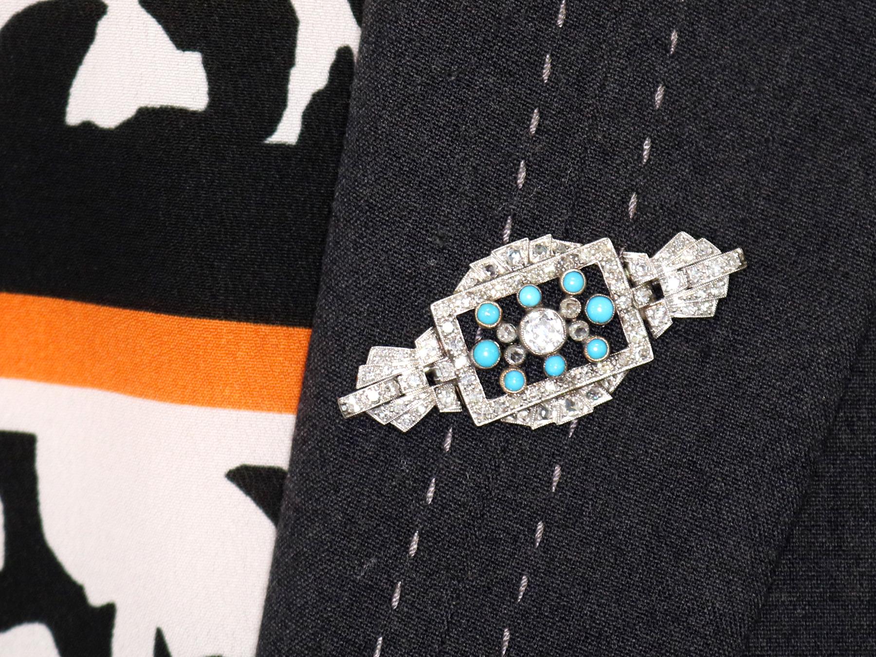 Art Deco 1.71 Carat Diamond Turquoise and White Gold Brooch 2