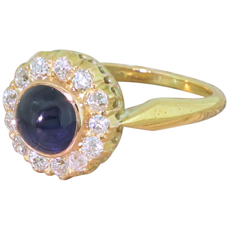 Art Deco 1.71 Carat Natural Cabochon Sapphire and Old Cut Diamond Ring For Sale
