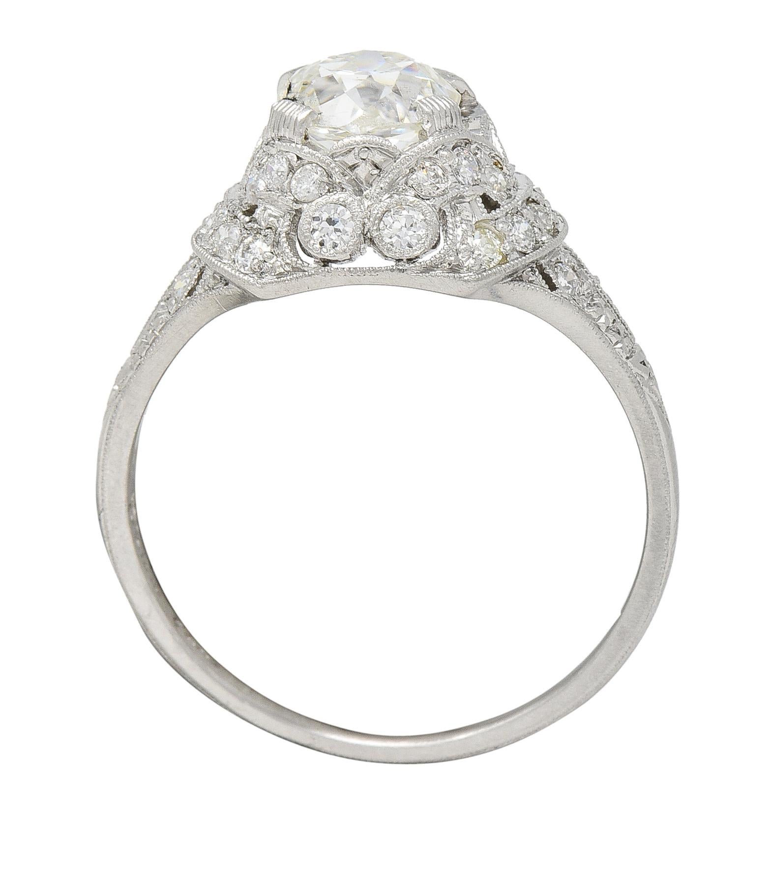 Art Deco 1.71 CTW Old Mine Cut Diamond Platinum Ribbon Engagement Ring For Sale 6