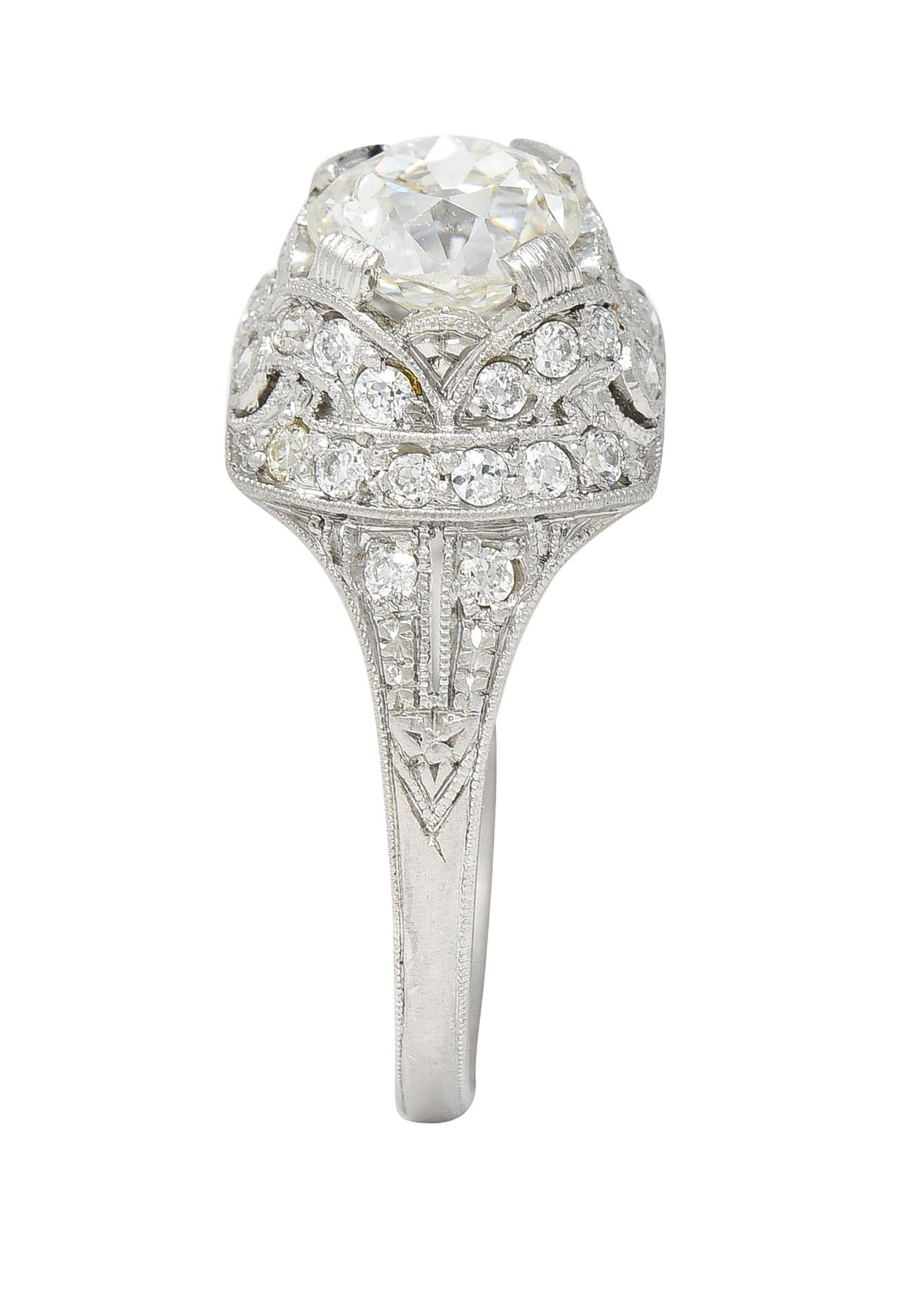 Art Deco 1.71 CTW Old Mine Cut Diamond Platinum Ribbon Engagement Ring For Sale 7