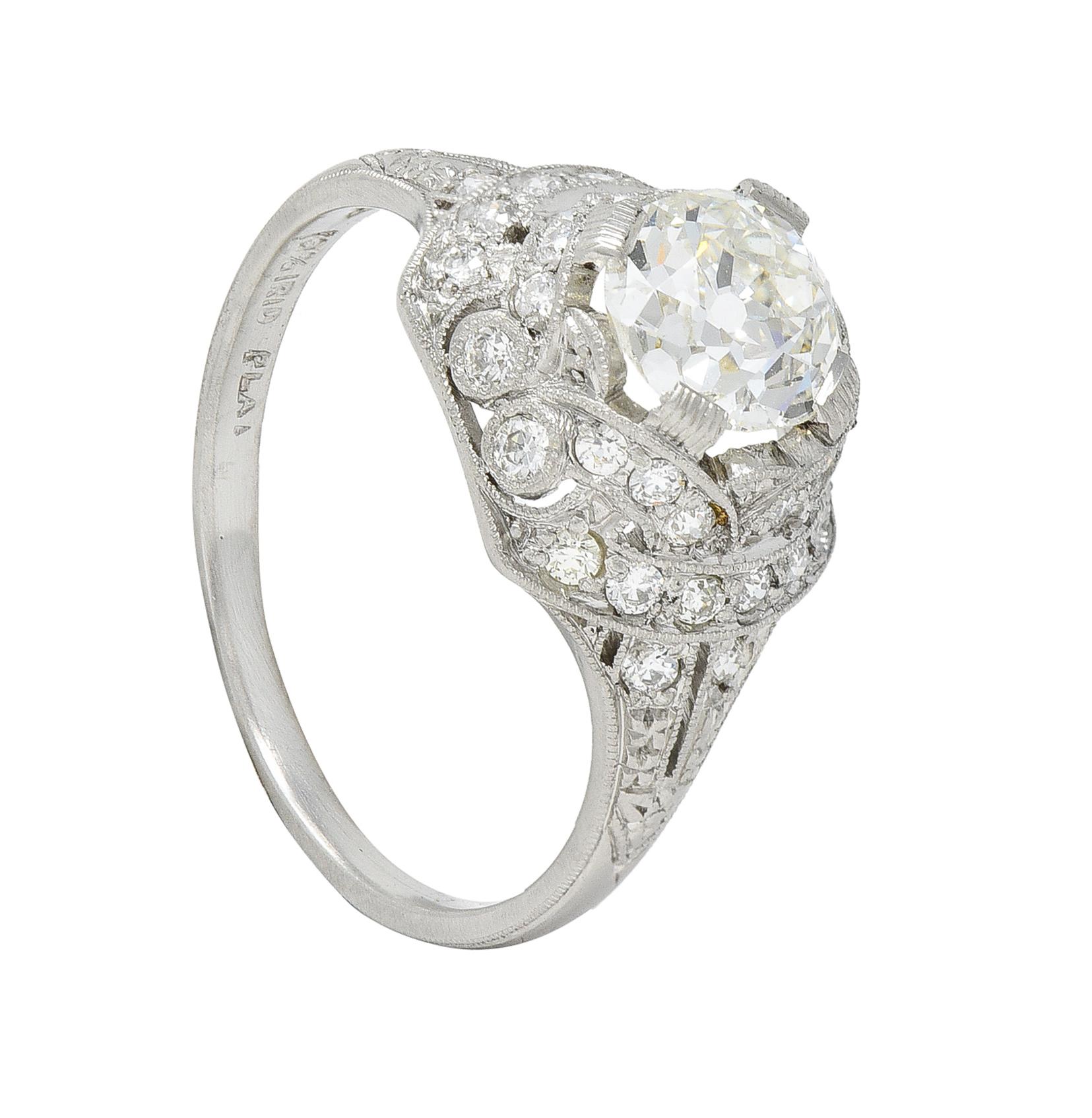 Art Deco 1.71 CTW Old Mine Cut Diamond Platinum Ribbon Engagement Ring For Sale 8