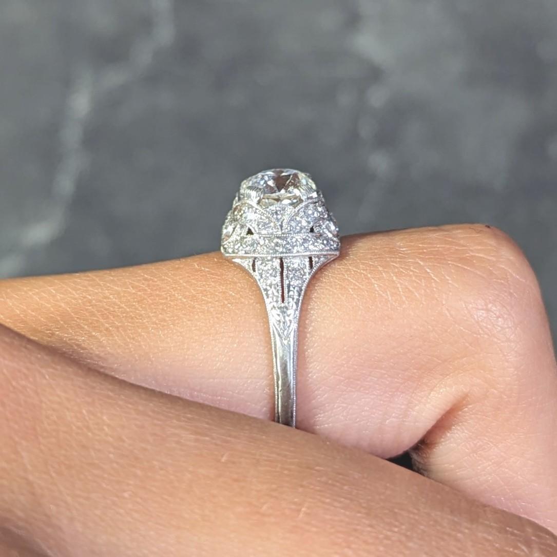 Art Deco 1.71 CTW Old Mine Cut Diamond Platinum Ribbon Engagement Ring For Sale 11