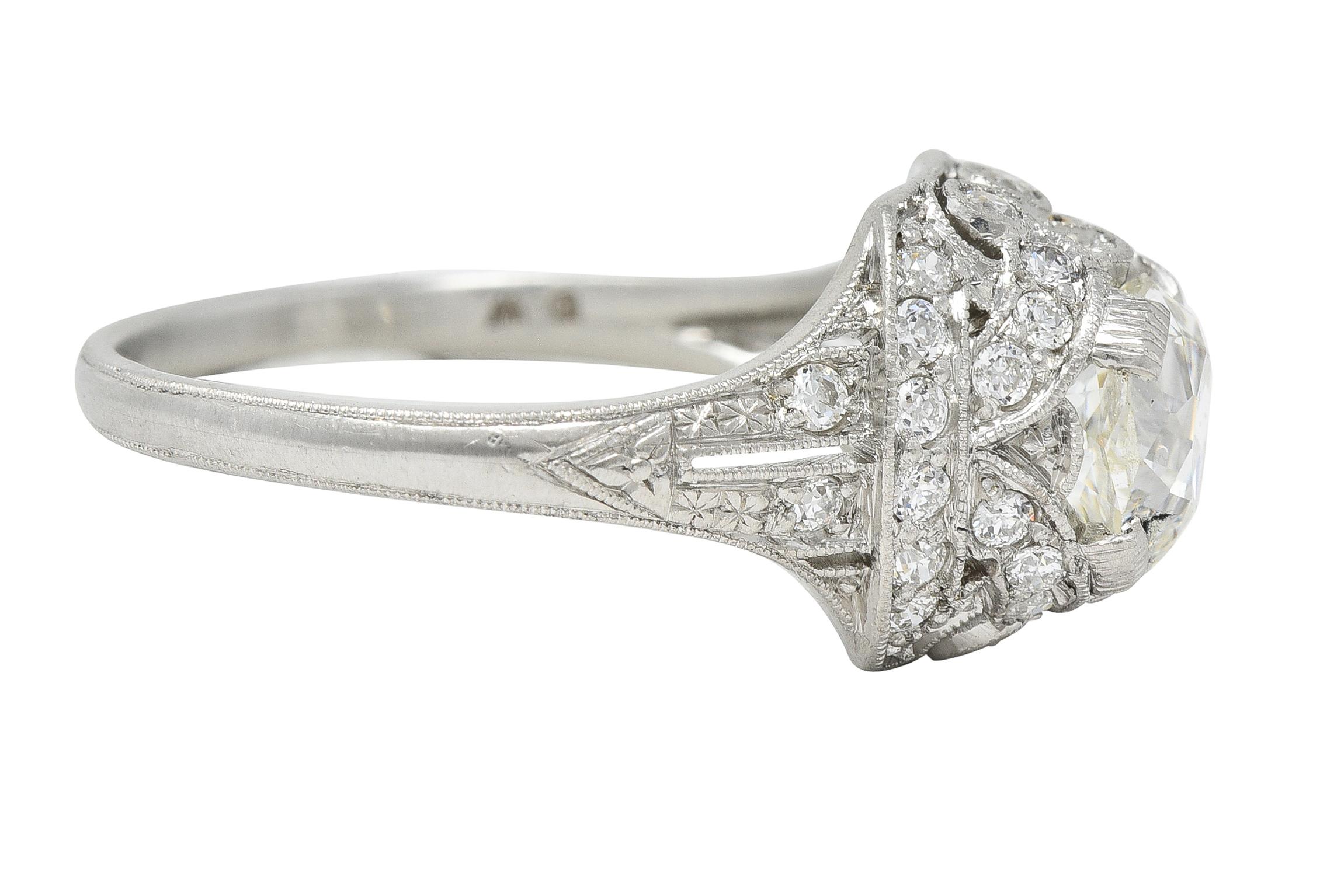 Art Deco 1.71 CTW Old Mine Cut Diamond Platinum Ribbon Engagement Ring In Excellent Condition For Sale In Philadelphia, PA